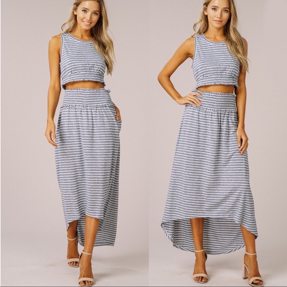 SALE! Striped Crop Top Midi High Low Skirt Set - Picture 3 of 4
